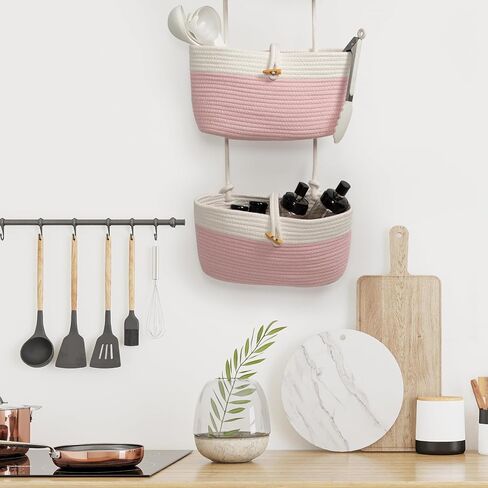 TeoKJ Over the Door Hanging Baskets with Button Strap, 3-Tier Woven Cotton Storage Organizer Bag, Wall-Mounted with Hook Decorative Hanging Nursery Baskets - Black in Saudi Arabia