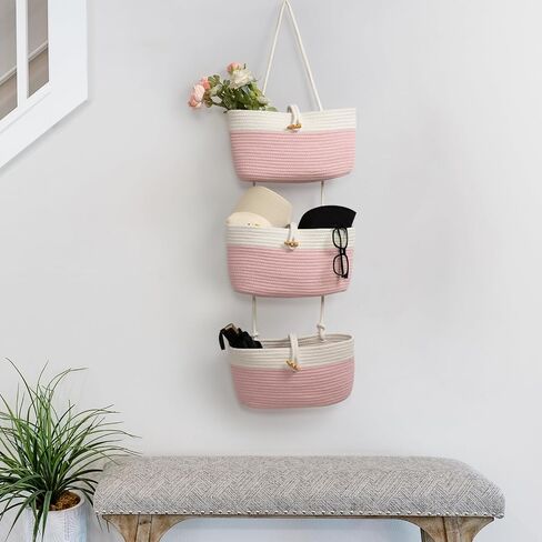 TeoKJ Over the Door Hanging Baskets with Button Strap, 3-Tier Woven Cotton Storage Organizer Bag, Wall-Mounted with Hook Decorative Hanging Nursery Baskets - Black in Saudi Arabia
