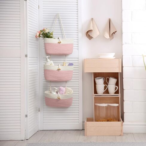 TeoKJ Over the Door Hanging Baskets with Button Strap, 3-Tier Woven Cotton Storage Organizer Bag, Wall-Mounted with Hook Decorative Hanging Nursery Baskets - Black in Saudi Arabia