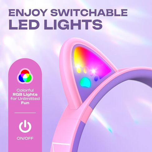 سماعات رأس لاسلكية PowerLocus للأطفال، سماعات رأس بلوتوث للأطفال مزودة بمصابيح LED فوق الأذن مع حجم محدود 74/85/94 ديسيبل، وقت تشغيل 45 ساعة، ميكروفون مدمج، وضع مشاركة جهازين، ستيريو عالي الدقة للسفر/الكمبيوتر الشخصي/الكمبيوتر اللوحي in Kuwait