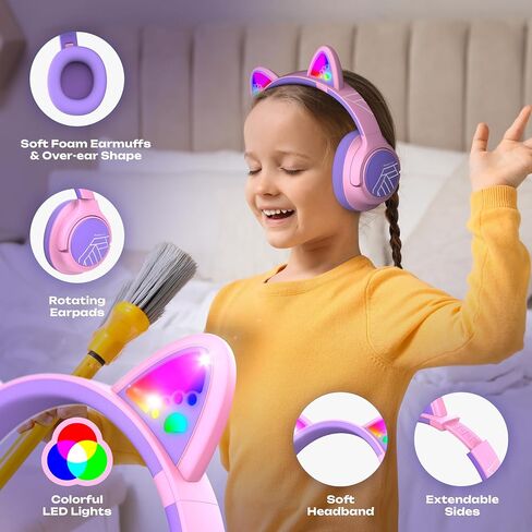 سماعات رأس لاسلكية PowerLocus للأطفال، سماعات رأس بلوتوث للأطفال مزودة بمصابيح LED فوق الأذن مع حجم محدود 74/85/94 ديسيبل، وقت تشغيل 45 ساعة، ميكروفون مدمج، وضع مشاركة جهازين، ستيريو عالي الدقة للسفر/الكمبيوتر الشخصي/الكمبيوتر اللوحي in Kuwait