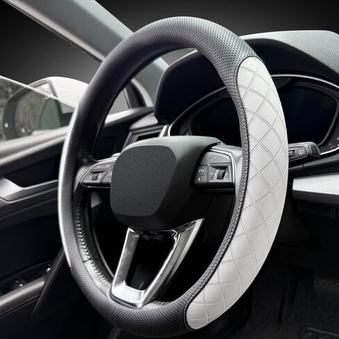 LKWLIKEI Nappa Leather Steering Wheel Cover, Elegant Diamond Checkered Design, Non-Slip wear-Resistant, Enhance Driving Comfort, Suitable for Steering Wheel Diameter 14 1/2‘-15’ Models.Black White in Saudi Arabia