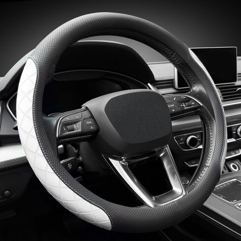 LKWLIKEI Nappa Leather Steering Wheel Cover, Elegant Diamond Checkered Design, Non-Slip wear-Resistant, Enhance Driving Comfort, Suitable for Steering Wheel Diameter 14 1/2‘-15’ Models.Black White in Saudi Arabia