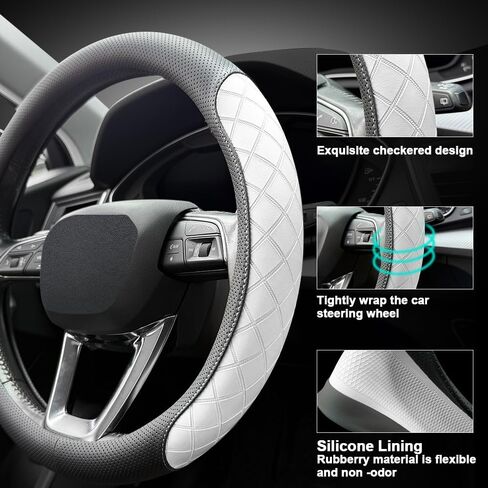 LKWLIKEI Nappa Leather Steering Wheel Cover, Elegant Diamond Checkered Design, Non-Slip wear-Resistant, Enhance Driving Comfort, Suitable for Steering Wheel Diameter 14 1/2‘-15’ Models.Black White in Saudi Arabia