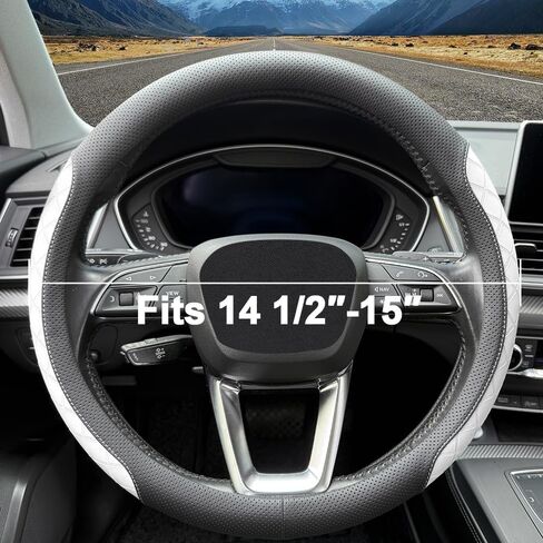 LKWLIKEI Nappa Leather Steering Wheel Cover, Elegant Diamond Checkered Design, Non-Slip wear-Resistant, Enhance Driving Comfort, Suitable for Steering Wheel Diameter 14 1/2‘-15’ Models.Black White in Saudi Arabia