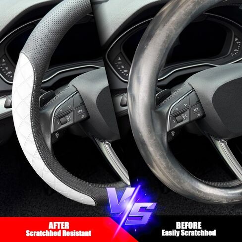 LKWLIKEI Nappa Leather Steering Wheel Cover, Elegant Diamond Checkered Design, Non-Slip wear-Resistant, Enhance Driving Comfort, Suitable for Steering Wheel Diameter 14 1/2‘-15’ Models.Black White in Saudi Arabia