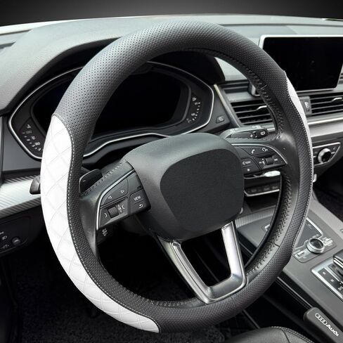 LKWLIKEI Nappa Leather Steering Wheel Cover, Elegant Diamond Checkered Design, Non-Slip wear-Resistant, Enhance Driving Comfort, Suitable for Steering Wheel Diameter 14 1/2‘-15’ Models.Black White in Saudi Arabia