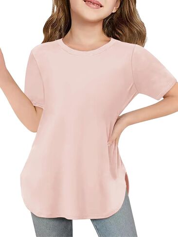 Girls Short Sleeve T Shirts Kids Summer Crewneck Curved Hem Tunic Tops Basic Tee in Saudi Arabia