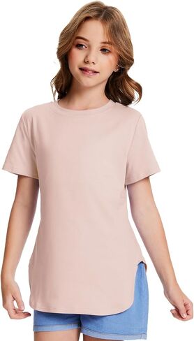 Girls Short Sleeve T Shirts Kids Summer Crewneck Curved Hem Tunic Tops Basic Tee in Saudi Arabia