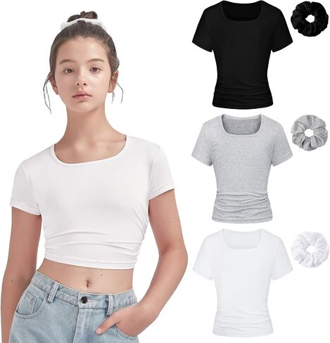 EXARUS 3 Pack Girls Cropped Slim Fit T Shirts Short Sleeve Soft Basic Crew/Mock/Square Neck Tees Side Waist Ruched Tops in Saudi Arabia