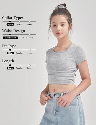 EXARUS 3 Pack Girls Cropped Slim Fit T Shirts Short Sleeve Soft Basic Crew/Mock/Square Neck Tees Side Waist Ruched Tops in Saudi Arabia
