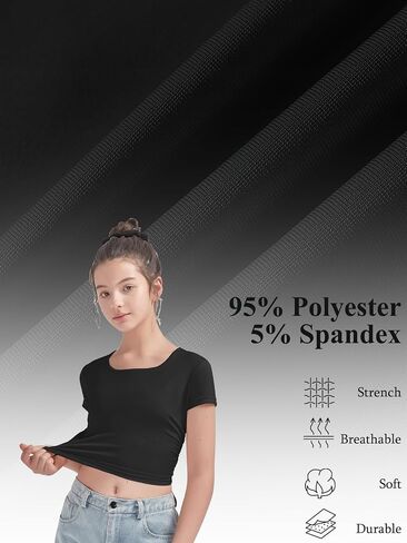 EXARUS 3 Pack Girls Cropped Slim Fit T Shirts Short Sleeve Soft Basic Crew/Mock/Square Neck Tees Side Waist Ruched Tops in Saudi Arabia