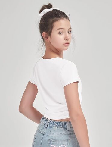 EXARUS 3 Pack Girls Cropped Slim Fit T Shirts Short Sleeve Soft Basic Crew/Mock/Square Neck Tees Side Waist Ruched Tops in Saudi Arabia