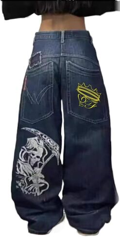 Unisex Y2K Hip Hop Street Jeans with Skeleton Print, Gothic Baggy Jeans, Vintage High Waist Denim, Wide Leg Pants in Kuwait