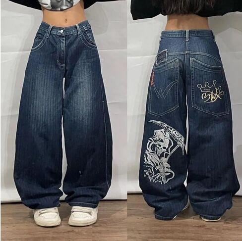 Unisex Y2K Hip Hop Street Jeans with Skeleton Print, Gothic Baggy Jeans, Vintage High Waist Denim, Wide Leg Pants in Kuwait