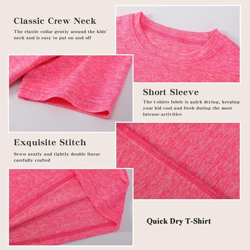 4 عبوات أطفال/فتيات/فتيات في سن المراهقة النشطين القمصان الجافة الجافة القصيرة القمصان القصيرة الأداء الرياضية تي شيرت （5-18 سنوات） in Kuwait