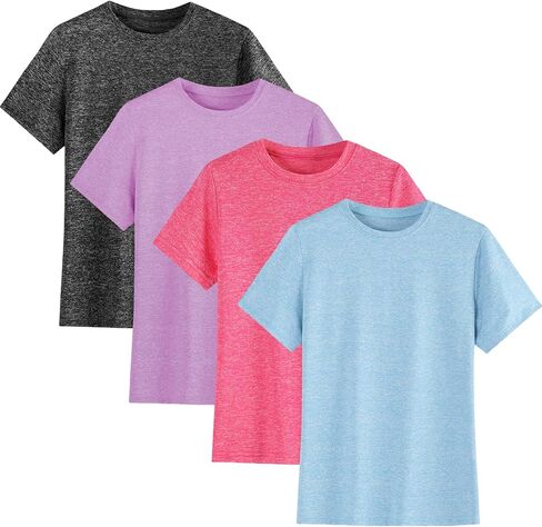 4 عبوات أطفال/فتيات/فتيات في سن المراهقة النشطين القمصان الجافة الجافة القصيرة القمصان القصيرة الأداء الرياضية تي شيرت （5-18 سنوات） in Kuwait