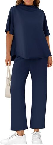 Yousify Women's Oversized Lounge Set 3/4 Batwing Sleeve Capelet Crew Neck Pullover Top Wide Leg Pants Two Piece Outfits in Saudi Arabia