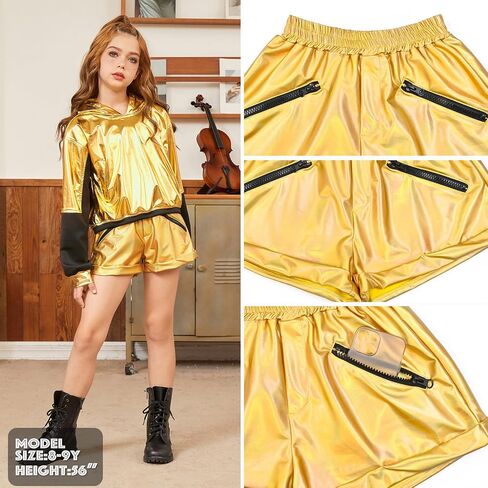 Girls Metallic Shorts Shiny Dance Outfits Sparkly Hot Pants Party Costumes Shorts with Zipper Pockets in Saudi Arabia