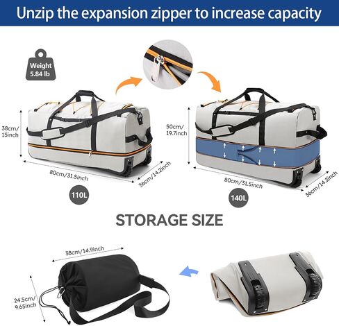 110L Expandable to 140L 32" Foldable Oxford Soft-Sided Rolling Duffle Bag with 2 Heavy-Duty Wheels,3 Large Compartments,Adjustable Shoulder Strap and Attached Organizer Pouch,Green in Kuwait