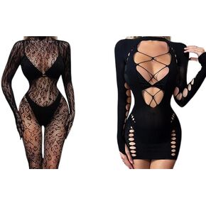 2PCS One Piece Sexy Black Fishnet Bodysuit Lingerie Bodystocking for Women full Body See Through Jumpsuit