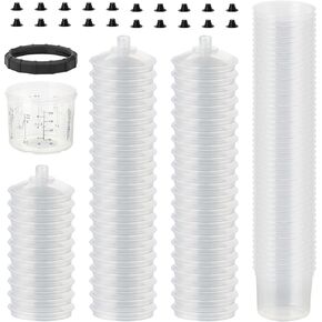 NIHAO Disposable Paint Sprayer Mixing Cup Kit with 125 Mic 22 Ounce (650ml) Hard Cup, 50 Cup Liners, 50 Lids, 10 Plugs, 1 Retainer Ring Compatible Traditional Series Spray Gun