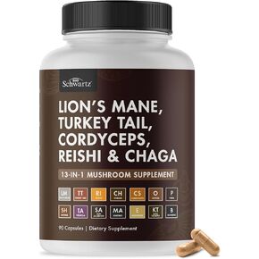 BioSchwartz Mushroom Complex - Organic Lions Mane Supplement Capsule with Reishi, Turkey Tail, Cordyceps, Shiitake, Chaga, Black Pepper for Max Absorption - Supports Energy, Focus, Memory, 90 Count