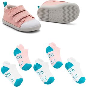 Ten Little First Walker Kids’ Shoes & Ankle Socks Bundle for Baby & Toddler Boys & Girls, Rose Pink Shoe Size 5, Ankle Socks with Non-Skid Grips 5 Pk