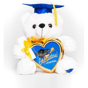 YMCtoys 🎓 Graduation Plush 8" Teddy Bear Blue Cap and Diploma in Hand with A Heart Shaped Picture Frame