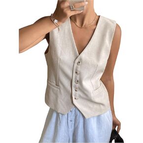WDIRARA Women's Button Down Vest Top V Neck Sleeveless Blazer Waistcoat
