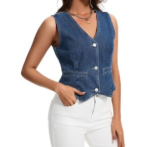 Womens Denim Vest Sleeveless V Neck Button Down Jean Jacket Y2K Summer Crop Tops