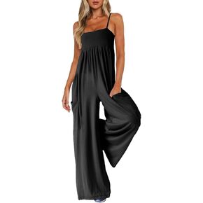 Jumpsuits for Women Spaghetti Strap Wide Leg One Piece Overalls Summer Rompers with Pockets Beach Vacation Casual