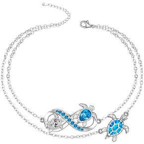 Turtle Anklet Blue Opal Sea Turtle Ankle Bracelets for Women Sterling Silver Infinity Wave Ocean Beach Summer Foot Bracelet Jewelry Layered Adjustable