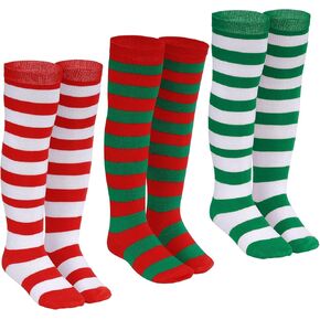 Dxhycc 3 Pairs Christmas Striped Knee High Socks Elf Candy Knee High Socks Red White Green Stripe Socks Long Xmas Socks for Girls Christmas Party