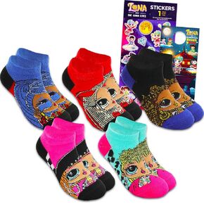 LOL Surprise OMG Socks for Girls - LOL Surprise Bundle with 5 Pairs of LOL Socks Kids Shoe Size 10-4 Plus Stickers | LOL Surprise Socks for Girls 6-8 Years