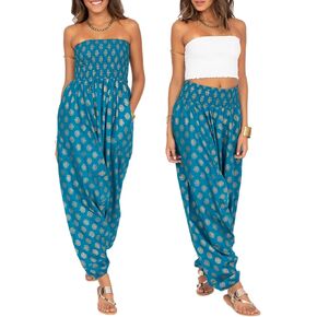 likemary Harem Pants Women Jumpsuits – Maxi Romper Pulls Down into Boho Print Cotton Pants – One Size 2-in-1 Outfit & Pockets