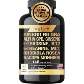 Ginkgo Biloba & Panax Ginseng 1446 Mg ، Alpha GPC ، L Tyrosine ، L theanine ، Bacopa Monnieri ، Rhodiola Rosea ، Phosphatidylserine ، B12 ، MCT ، DMAE - مجمع 11-1 فيتامينات