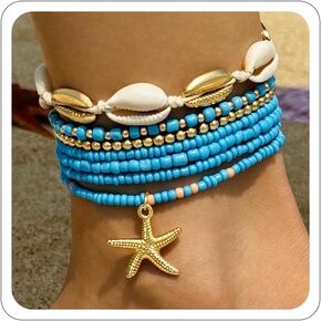 Shell Anklets Bracelet for Women Waterproof Surfer Starfish Bracelet Puka Shell Anklet Colorful Boho Stack Stretch Bead Bracelet Set Hawaii Summer Beach Vacation Foot Jewelry