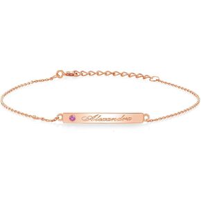 Gem Stone King 925 Sterling Silver Personalized Custom Birthstone Free Lazer Engraving 27X3MM Adjustable Chain ID Name Bar Bracelet For Women | 7 Inch + 1 Inch Extender