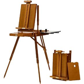 ATWORTH French Easel for Painting, Deluxe Oak Wooden Field & Studio Sketchbox Easel Stand with Metal Side Tray, Portable Tabletop & Tripod Floor Painting Easel, Holds Canvas up to 34"- Walnut in Kuwait