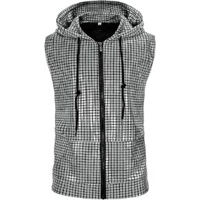 Men's Sequins Sleeveless Hooded Vest Disco Zippered Shirts 70s Disco Party Costume