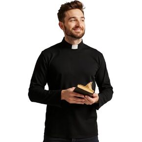 Men's Clergy T-Short Long Sleeves Tab Collar Clergy Minister Priest Priest Shirt Tops