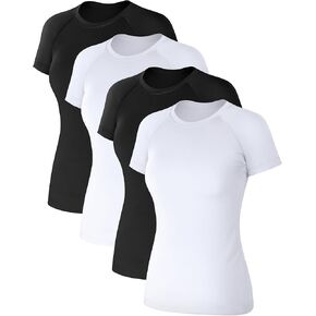 قمصان Coume 4 Pack Women's Compression Tops Short Sleeve Tops Running Athletic Yoga T-Shirt for Gym Sports Gear Dry Fit