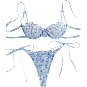 COZYEASE Women's 2 Pieces Lingerie Set Floral Bow Knot Bra and Thongs Sheer Underwear
