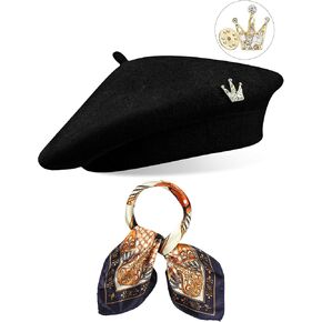 3 PCS Wool Bert Solid Color French Beanie Hat مع بروش وشاح حريري للنساء هدية الفتيات