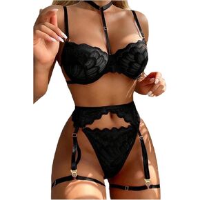 SOLY HUX Women's 5 Piece Lace Garter Lingerie Set Choker Underwire Bra and Panty Set