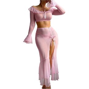 SHENHE Women's 3 Piece Mesh Sheer Lingerie Set Off Shoulder Crop Tops Maxi Skirt Set with Thong