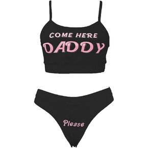 Sexy Women Lingerie Set Come Here Daddy Please Strappy 2PCS Slutty Underwear Tank Tops and Panty Pajamas Sleepwear