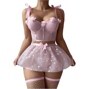 Verdusa Women's 5 Piece Lingerie Set Bow Tie Camisole Mesh Tulle Skirt and Thong with Stockings