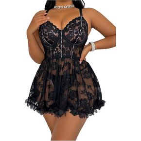 نساء زائد الحجم 2 قطعة صغيرة babydoll Lingerie مجموعات الدانتيل الزهور الشبكية الشبكية Nightdress مع